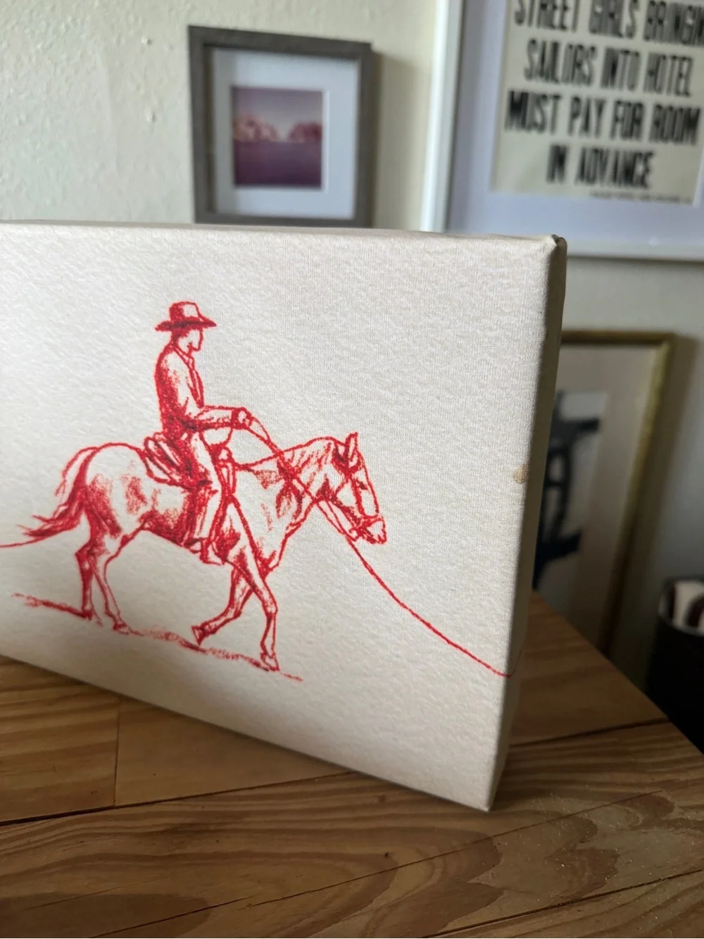 New Red illustrated Cowboy on Horse Wall Art Canvas 8x10” western decor